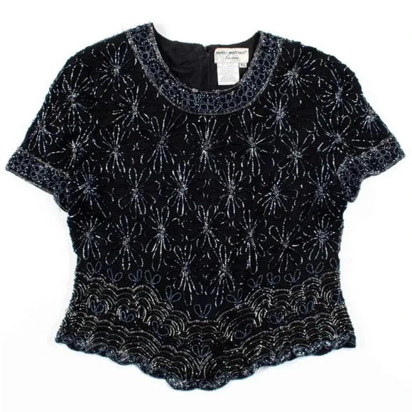 Papell Boutique |  Black Floral Beaded Top | Size XL [164] - Picture 3 of 9